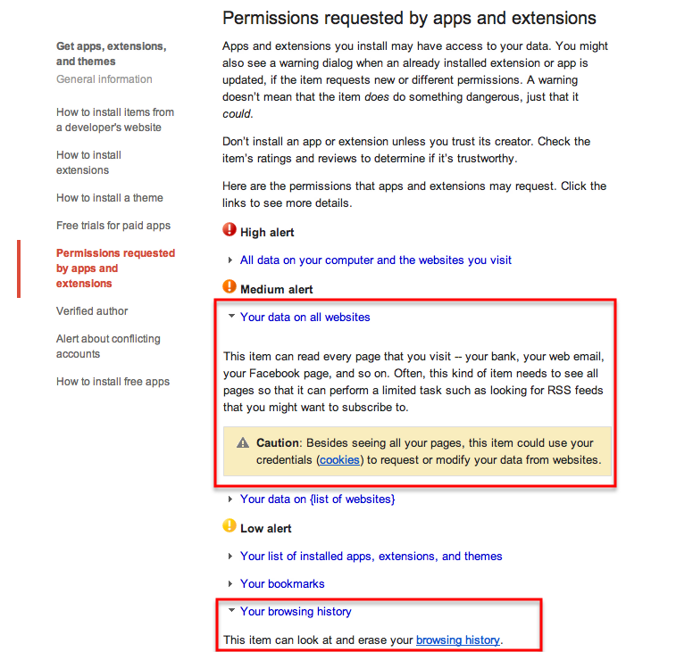 Google Chrome extension permission explanation